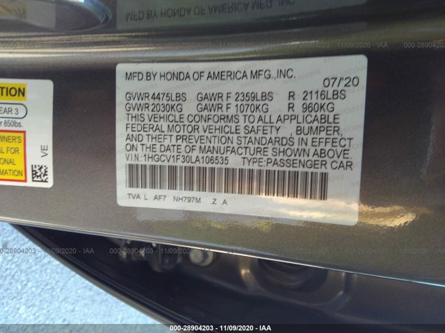 Photo 8 VIN: 1HGCV1F30LA106535 - HONDA ACCORD SEDAN 