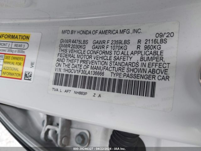 Photo 8 VIN: 1HGCV1F30LA136666 - HONDA ACCORD 