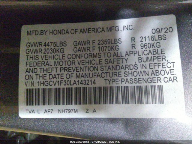 Photo 8 VIN: 1HGCV1F30LA143214 - HONDA ACCORD SEDAN 