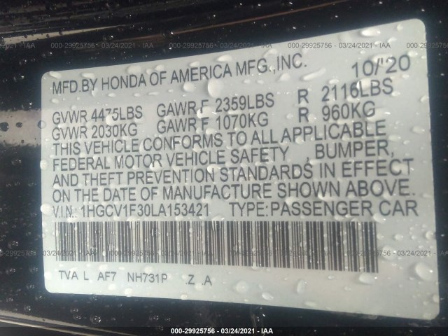 Photo 8 VIN: 1HGCV1F30LA153421 - HONDA ACCORD SEDAN 