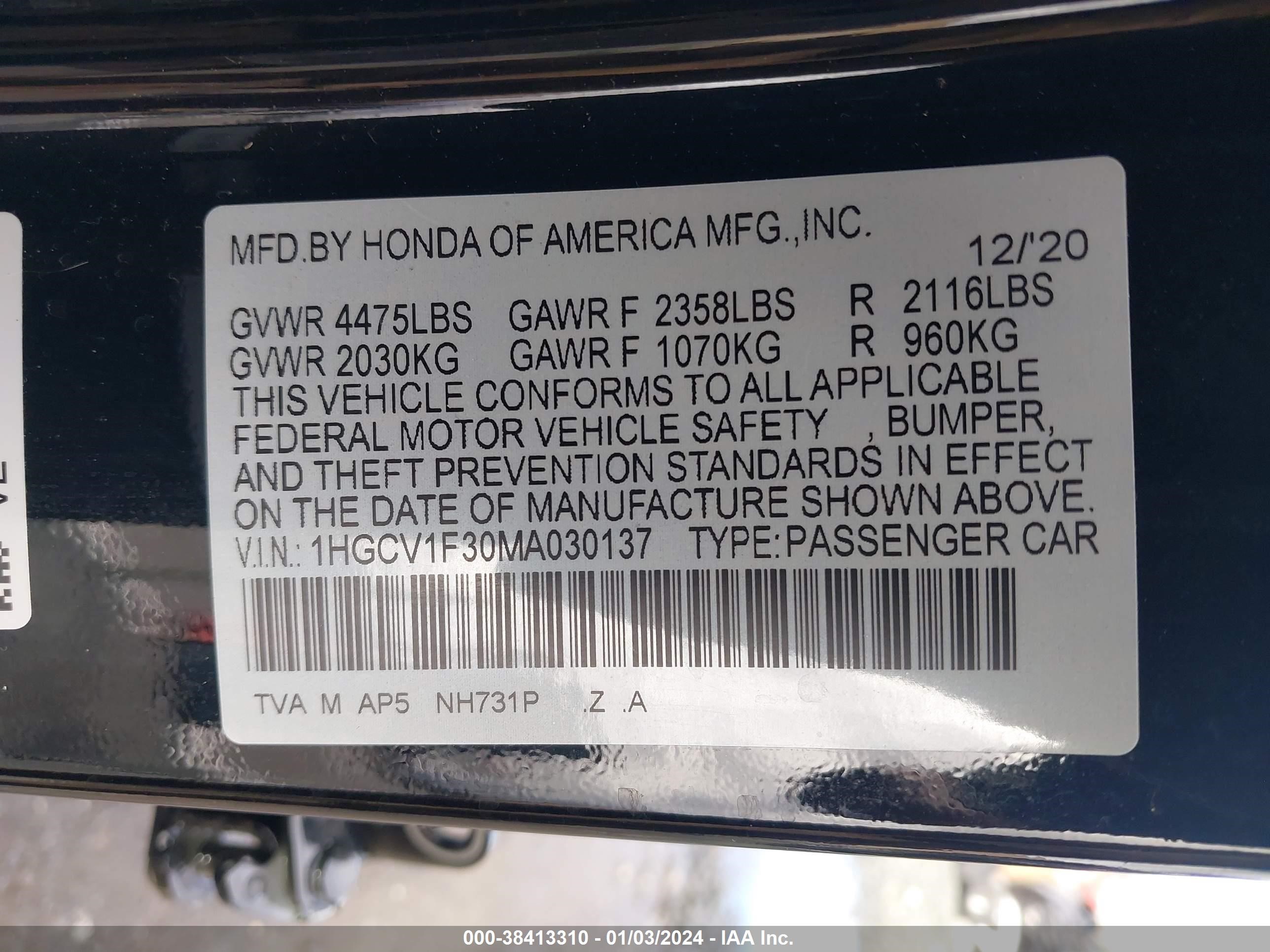 Photo 8 VIN: 1HGCV1F30MA030137 - HONDA ACCORD 