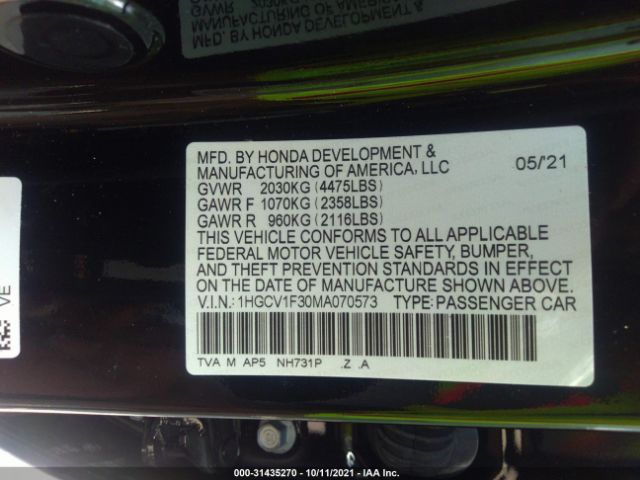 Photo 8 VIN: 1HGCV1F30MA070573 - HONDA ACCORD SEDAN 