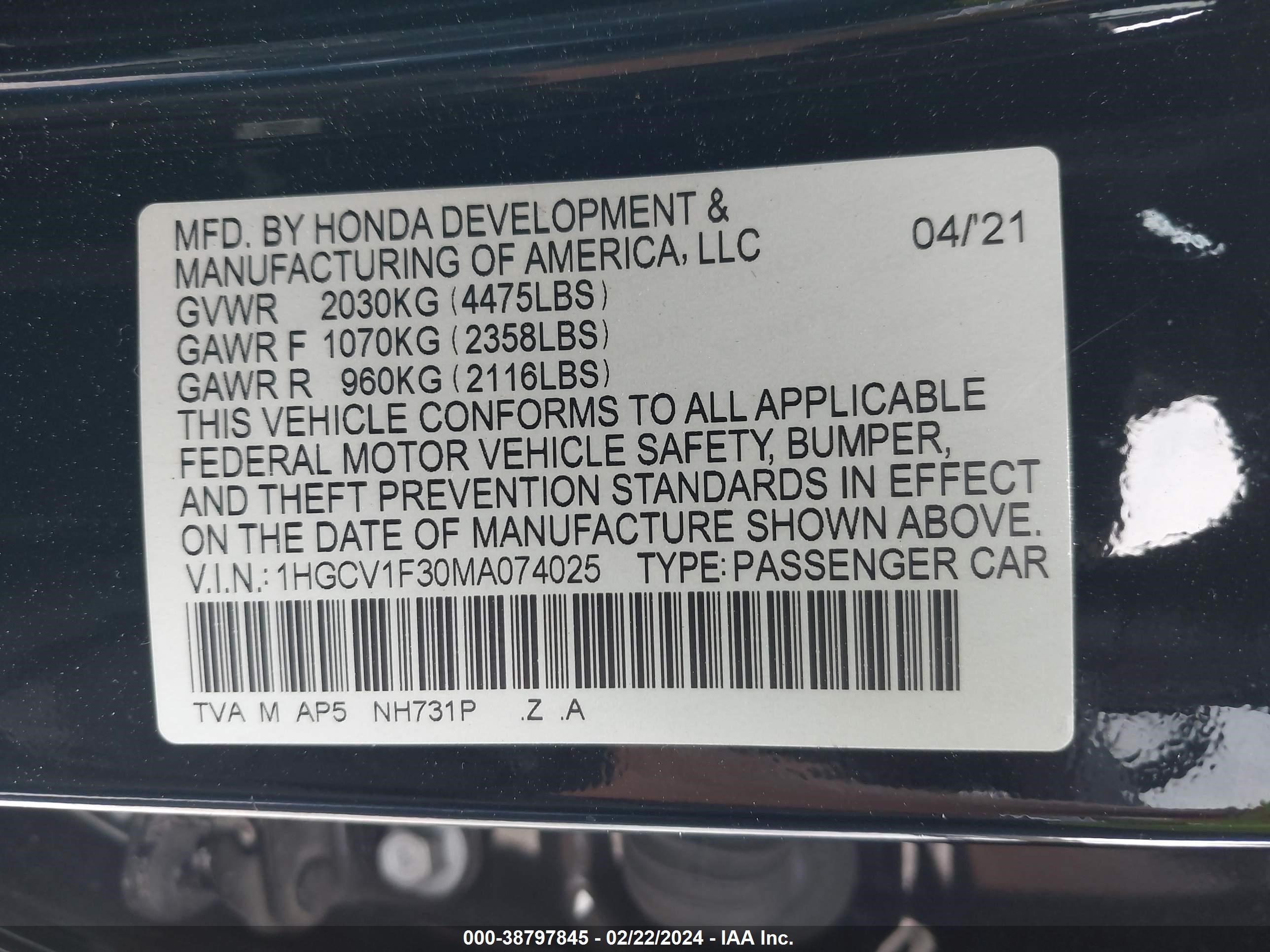 Photo 8 VIN: 1HGCV1F30MA074025 - HONDA ACCORD 