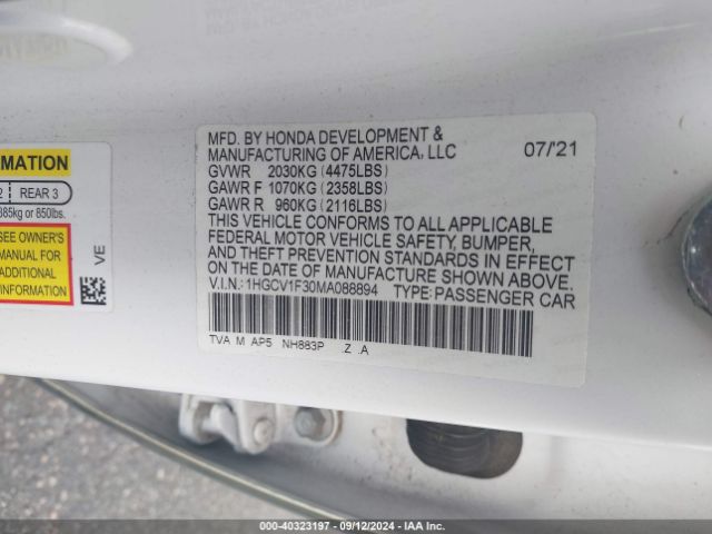 Photo 8 VIN: 1HGCV1F30MA088894 - HONDA ACCORD 