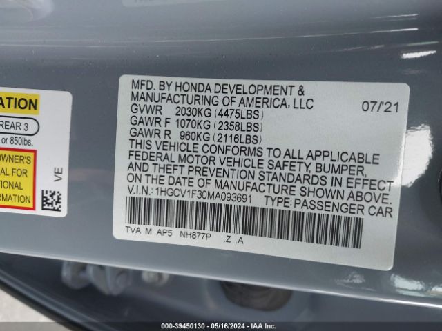 Photo 8 VIN: 1HGCV1F30MA093691 - HONDA ACCORD 