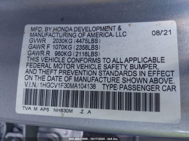 Photo 8 VIN: 1HGCV1F30MA104138 - HONDA ACCORD 