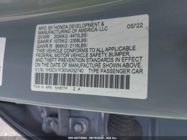 Photo 8 VIN: 1HGCV1F30NA052740 - HONDA ACCORD 