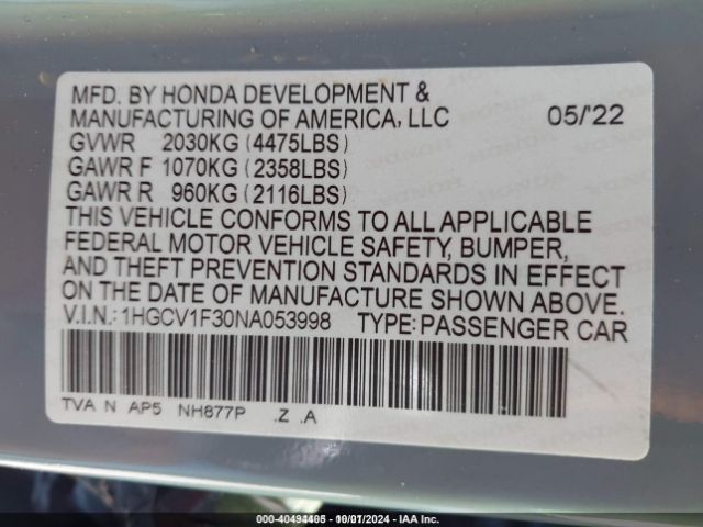 Photo 8 VIN: 1HGCV1F30NA053998 - HONDA ACCORD 