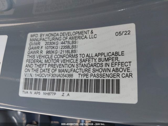 Photo 8 VIN: 1HGCV1F30NA054388 - HONDA ACCORD 