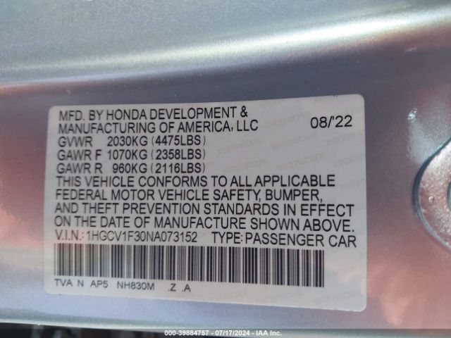 Photo 8 VIN: 1HGCV1F30NA073152 - HONDA ACCORD 