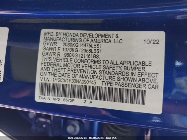 Photo 8 VIN: 1HGCV1F30NA090145 - HONDA ACCORD 