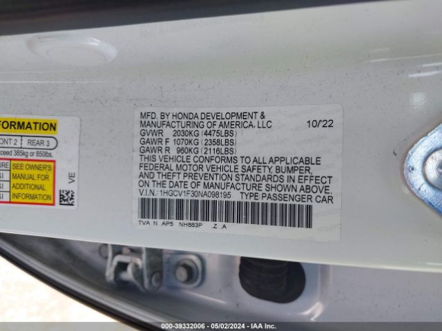 Photo 8 VIN: 1HGCV1F30NA098195 - HONDA ACCORD 