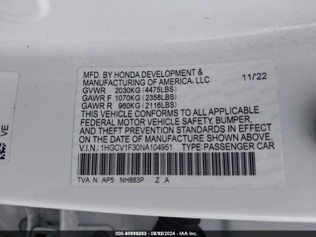 Photo 8 VIN: 1HGCV1F30NA104951 - HONDA ACCORD 