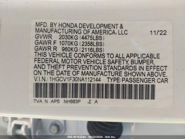 Photo 8 VIN: 1HGCV1F30NA112144 - HONDA ACCORD 