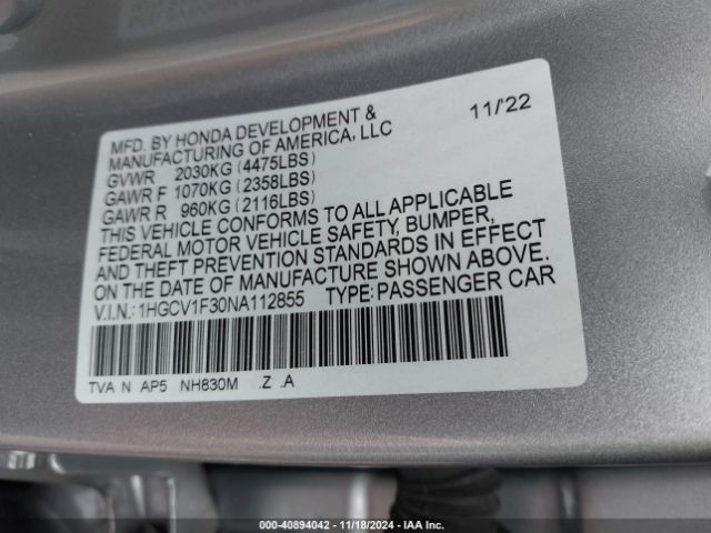 Photo 8 VIN: 1HGCV1F30NA112855 - HONDA ACCORD 