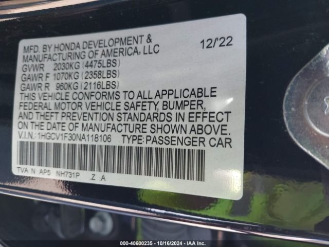 Photo 8 VIN: 1HGCV1F30NA118106 - HONDA ACCORD 