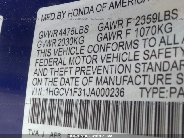 Photo 8 VIN: 1HGCV1F31JA000236 - HONDA ACCORD SEDAN 