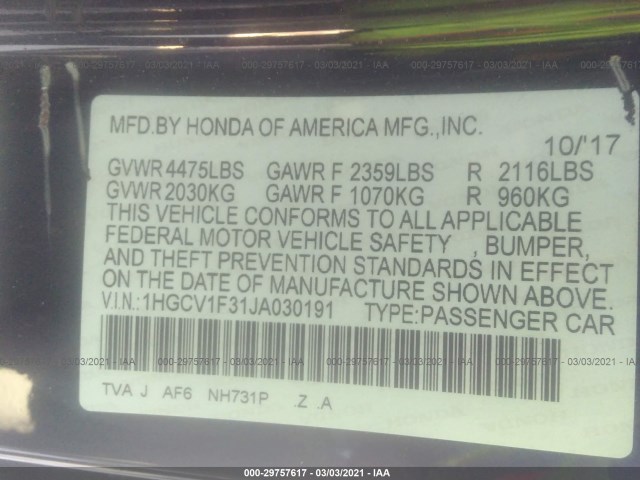 Photo 8 VIN: 1HGCV1F31JA030191 - HONDA ACCORD SEDAN 