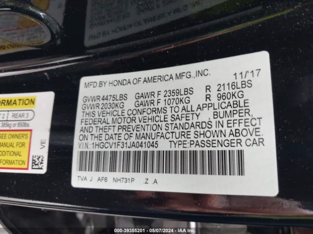 Photo 8 VIN: 1HGCV1F31JA041045 - HONDA ACCORD 