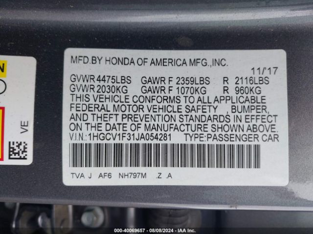 Photo 8 VIN: 1HGCV1F31JA054281 - HONDA ACCORD 