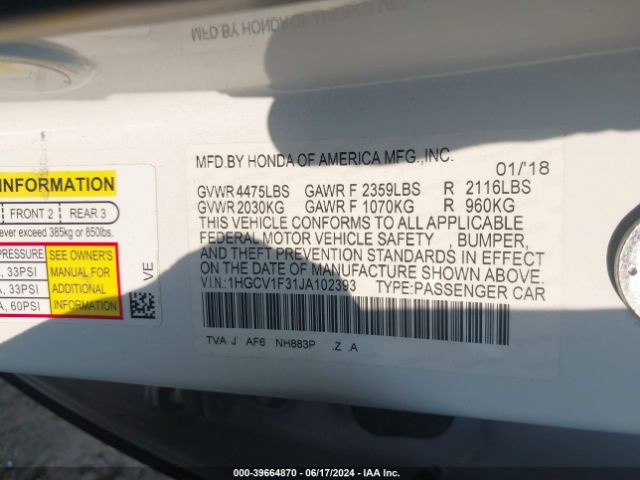 Photo 8 VIN: 1HGCV1F31JA102393 - HONDA ACCORD 