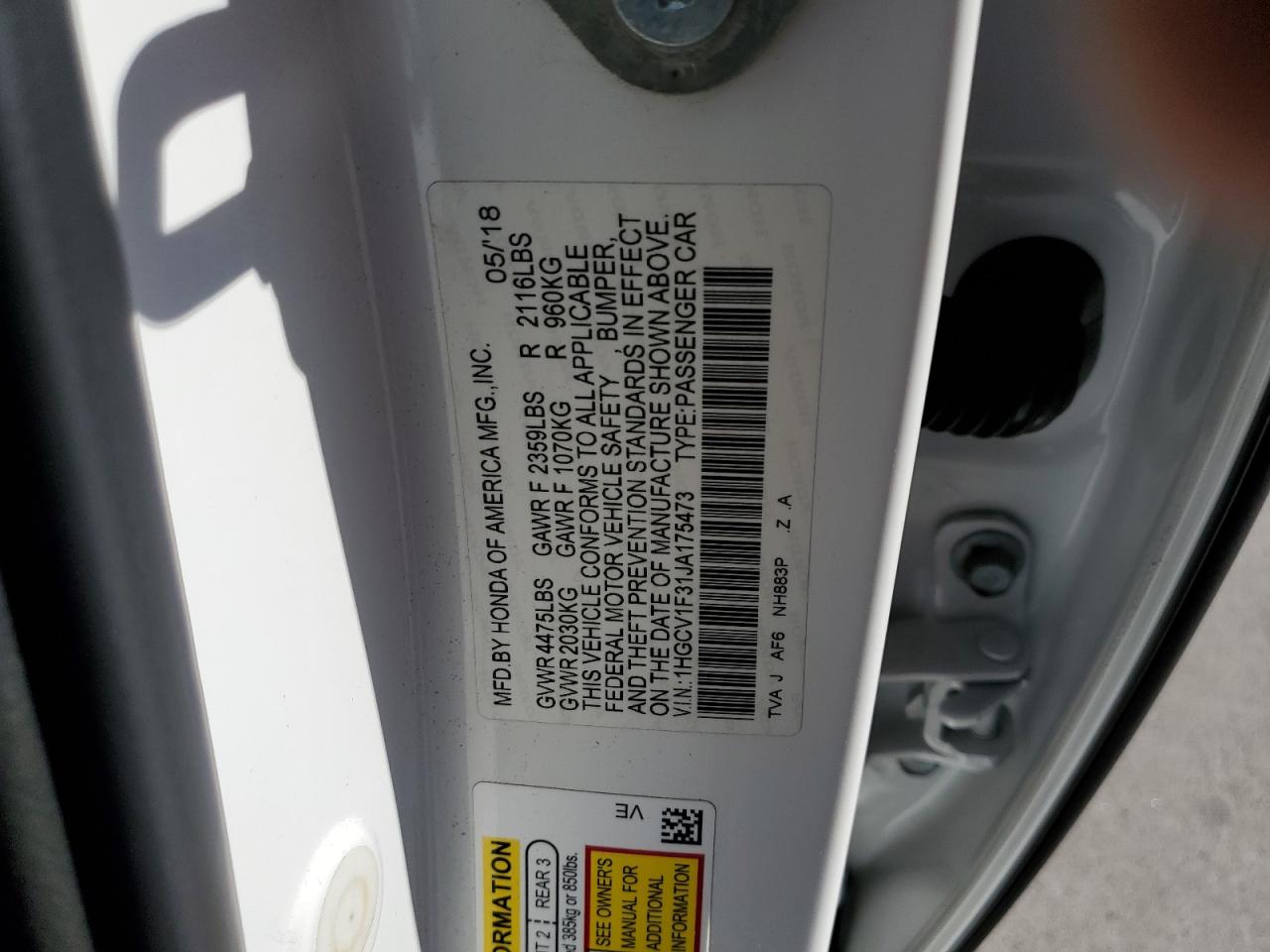 Photo 11 VIN: 1HGCV1F31JA175473 - HONDA ACCORD 