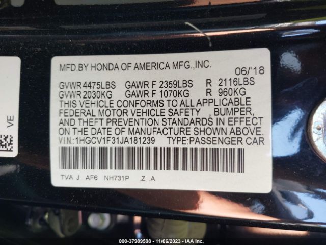 Photo 8 VIN: 1HGCV1F31JA181239 - HONDA ACCORD 