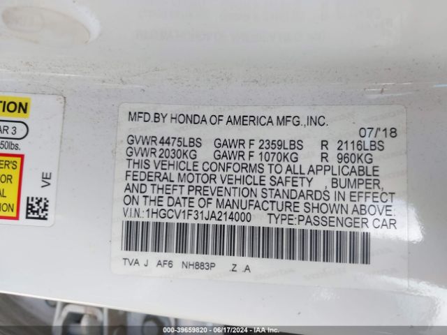 Photo 8 VIN: 1HGCV1F31JA214000 - HONDA ACCORD 