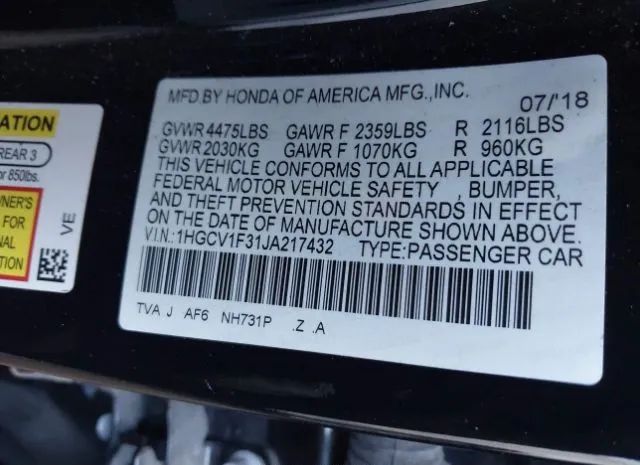 Photo 8 VIN: 1HGCV1F31JA217432 - HONDA ACCORD 