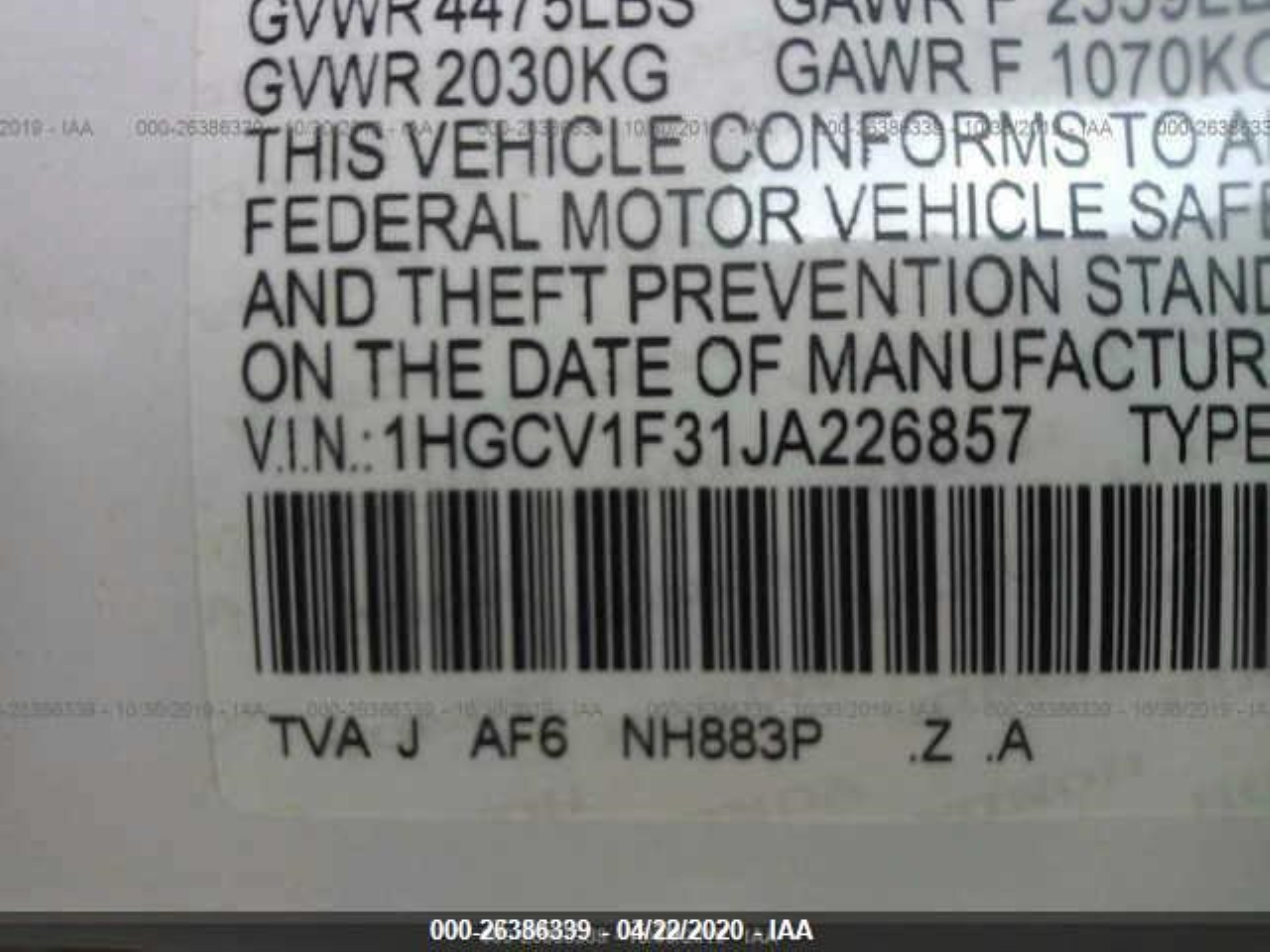 Photo 8 VIN: 1HGCV1F31JA226857 - HONDA ACCORD 