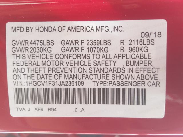 Photo 9 VIN: 1HGCV1F31JA236109 - HONDA ACCORD SPO 