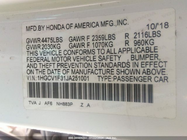 Photo 8 VIN: 1HGCV1F31JA251001 - HONDA ACCORD 