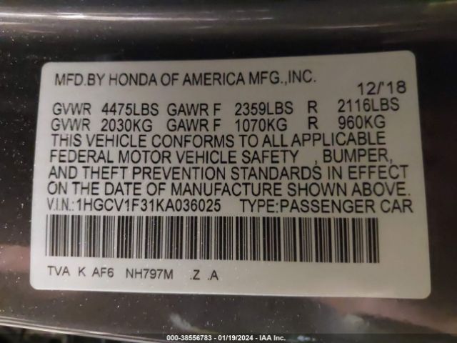 Photo 8 VIN: 1HGCV1F31KA036025 - HONDA ACCORD 