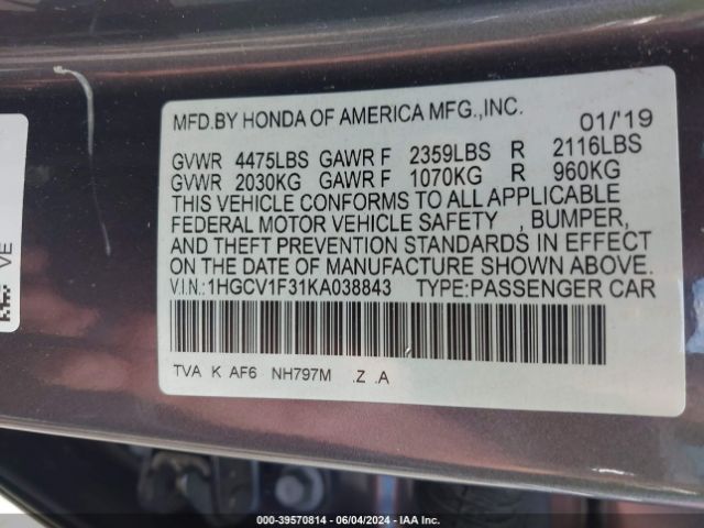 Photo 8 VIN: 1HGCV1F31KA038843 - HONDA ACCORD 