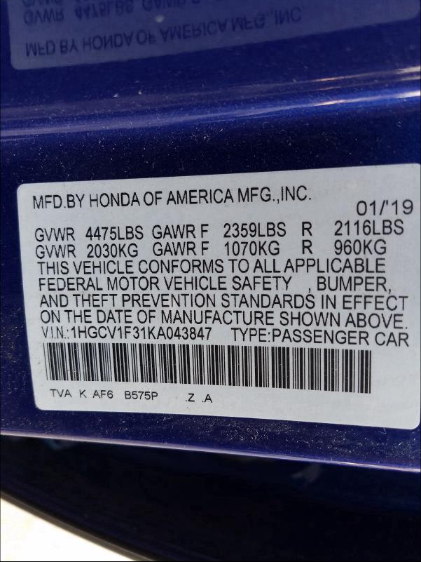 Photo 9 VIN: 1HGCV1F31KA043847 - HONDA ACCORD SPO 