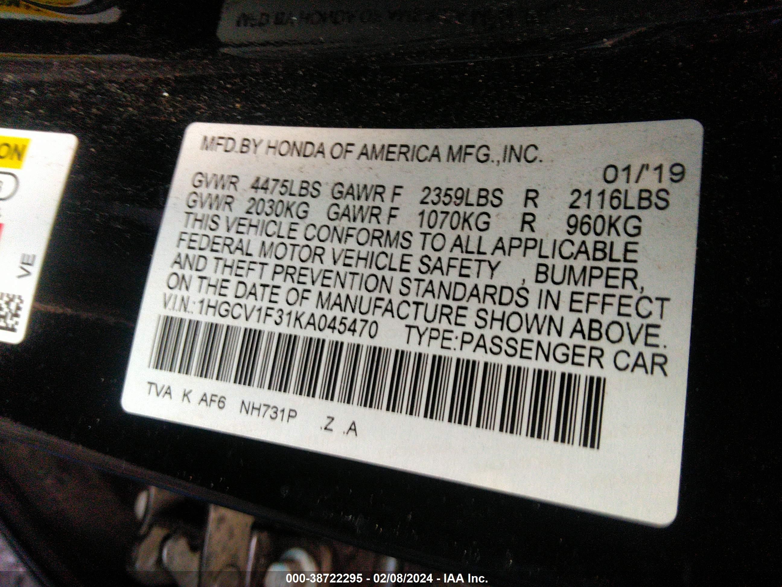 Photo 8 VIN: 1HGCV1F31KA045470 - HONDA ACCORD 