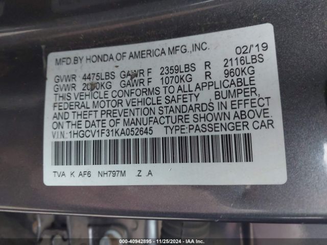 Photo 8 VIN: 1HGCV1F31KA052645 - HONDA ACCORD 