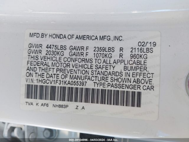 Photo 8 VIN: 1HGCV1F31KA055397 - HONDA ACCORD 