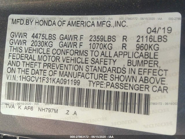 Photo 8 VIN: 1HGCV1F31KA091199 - HONDA ACCORD SEDAN 