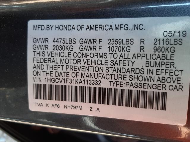 Photo 9 VIN: 1HGCV1F31KA113332 - HONDA ACCORD SPO 