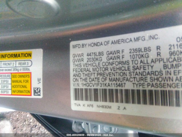 Photo 8 VIN: 1HGCV1F31KA115467 - HONDA ACCORD 