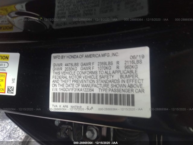 Photo 8 VIN: 1HGCV1F31KA122354 - HONDA ACCORD SEDAN 