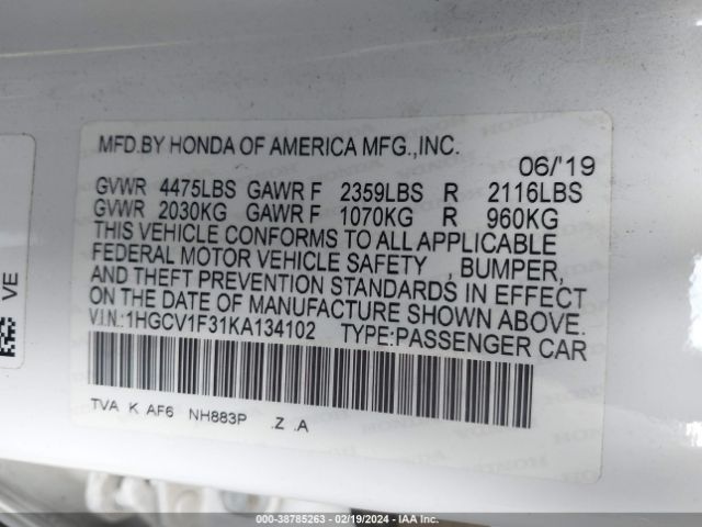 Photo 8 VIN: 1HGCV1F31KA134102 - HONDA ACCORD 