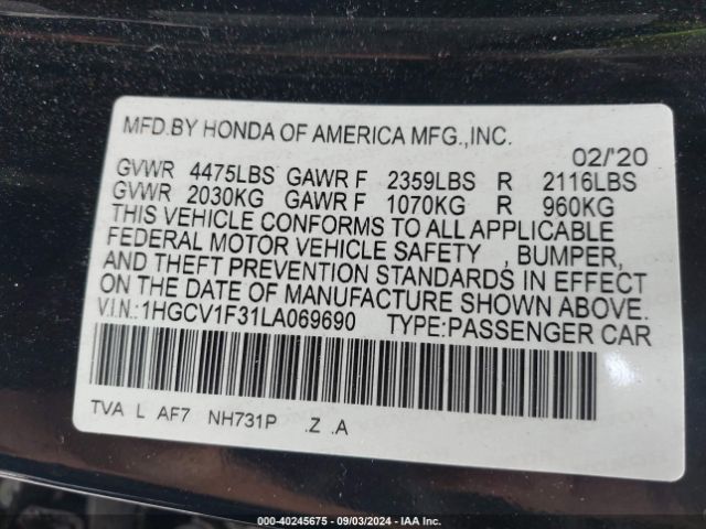 Photo 8 VIN: 1HGCV1F31LA069690 - HONDA ACCORD 