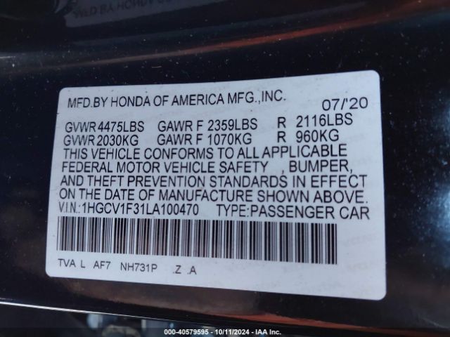 Photo 8 VIN: 1HGCV1F31LA100470 - HONDA ACCORD 