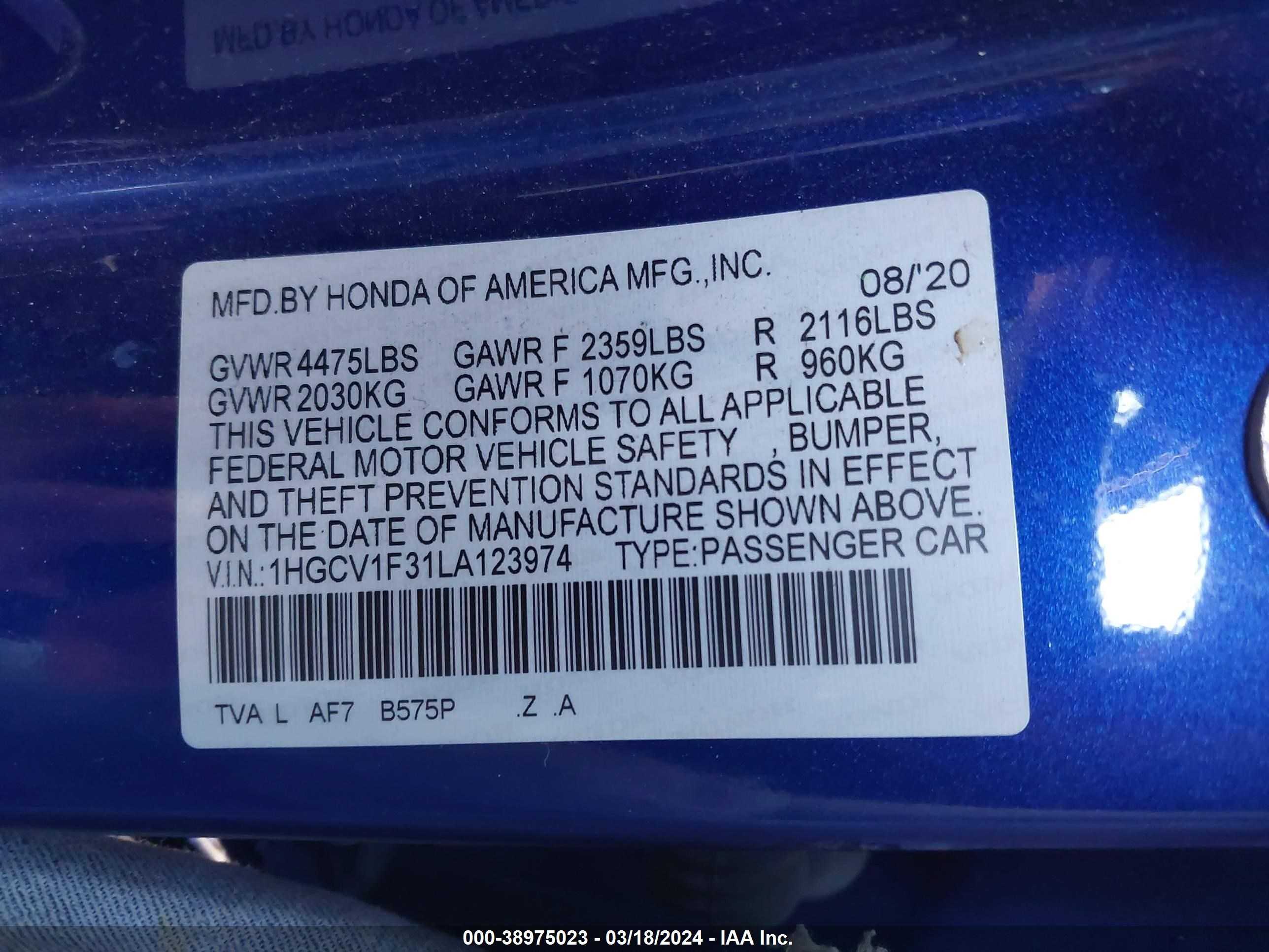 Photo 8 VIN: 1HGCV1F31LA123974 - HONDA ACCORD 