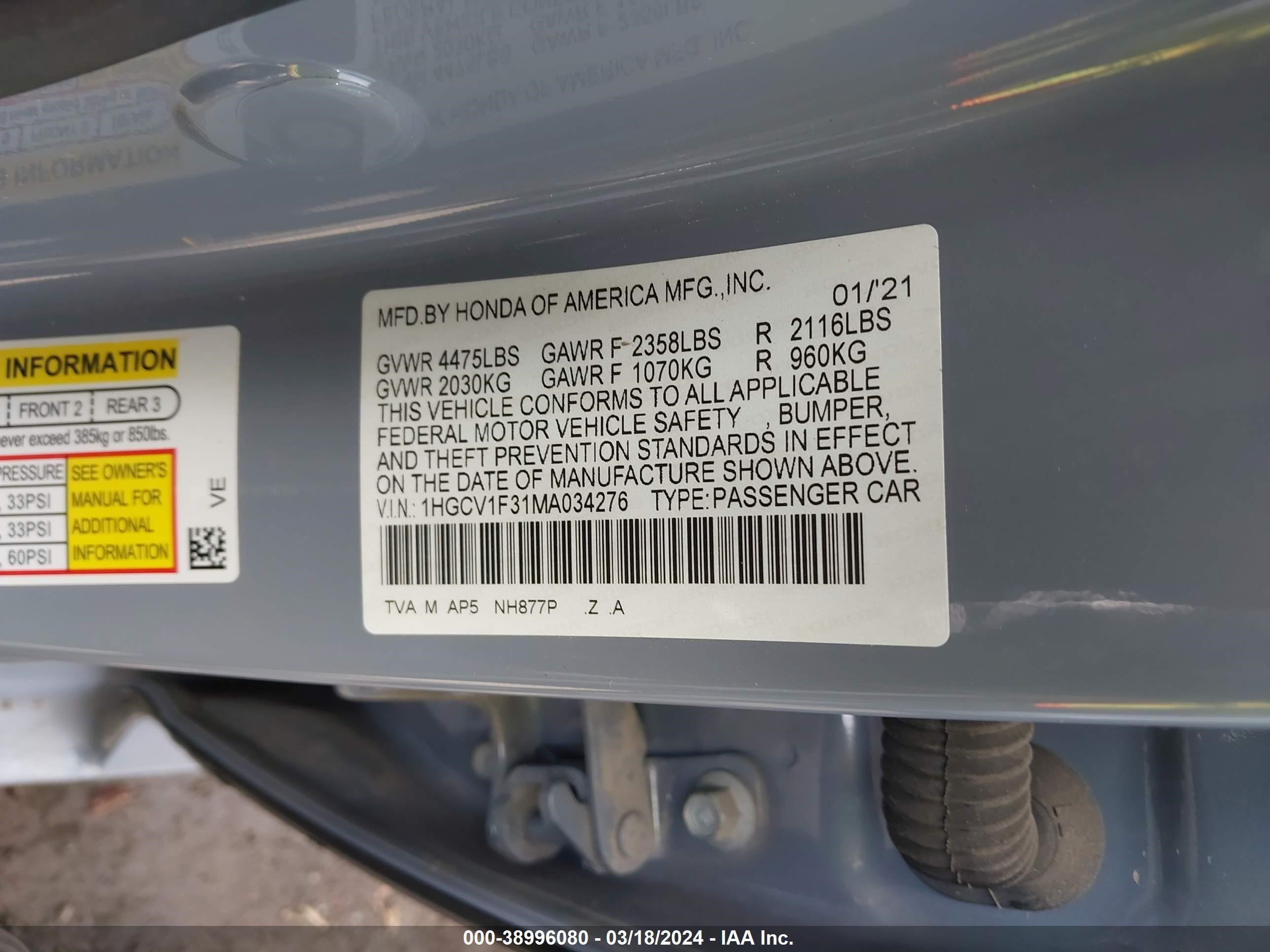 Photo 8 VIN: 1HGCV1F31MA034276 - HONDA ACCORD 