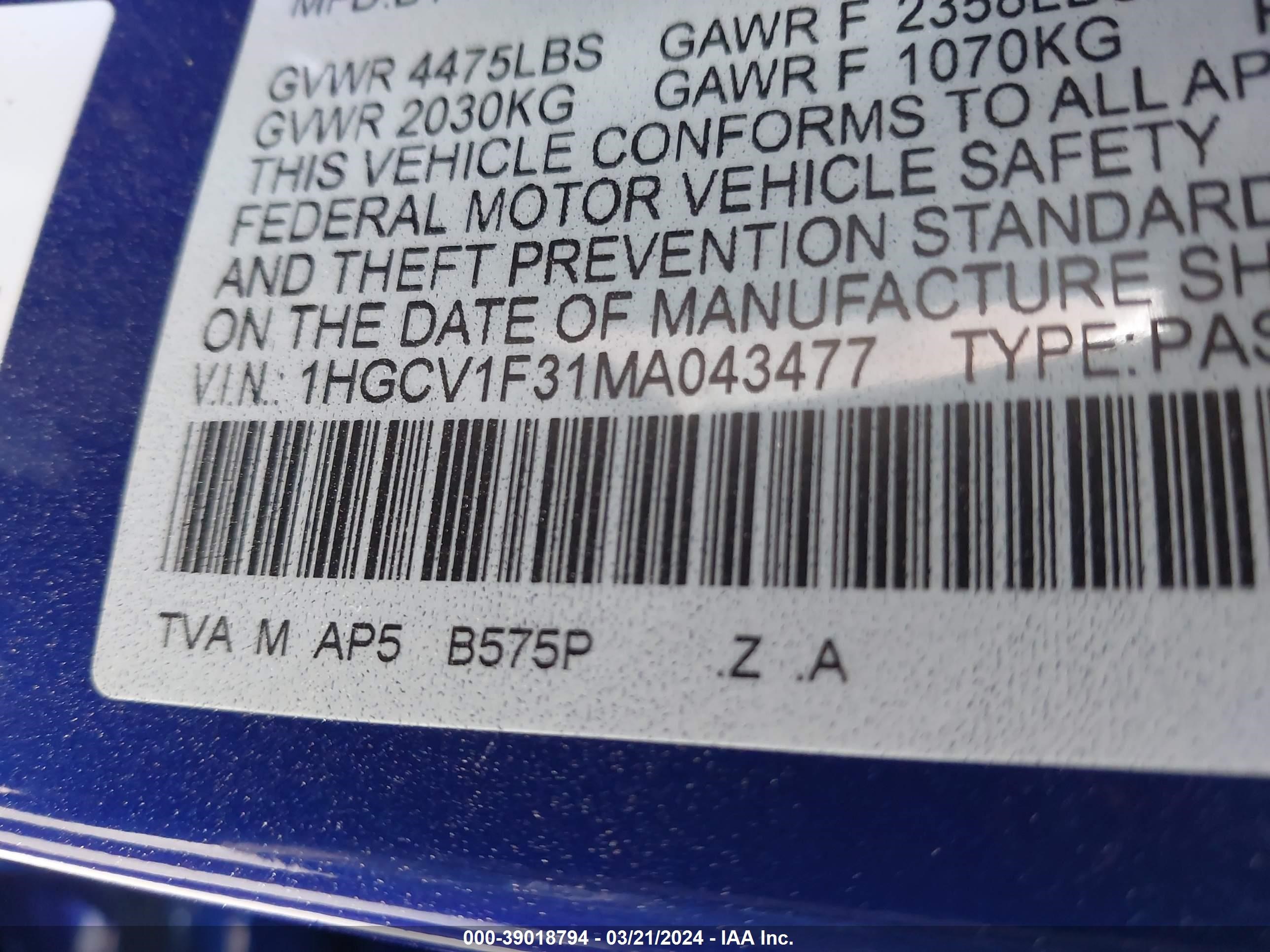 Photo 8 VIN: 1HGCV1F31MA043477 - HONDA ACCORD 