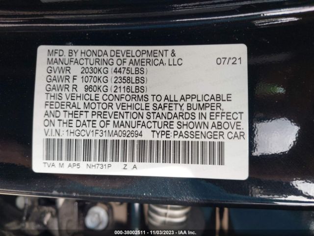 Photo 8 VIN: 1HGCV1F31MA092694 - HONDA ACCORD 