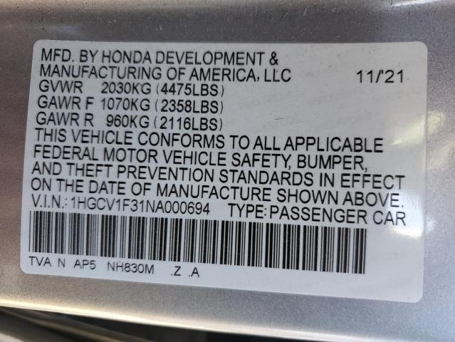 Photo 11 VIN: 1HGCV1F31NA000694 - HONDA ACCORD 